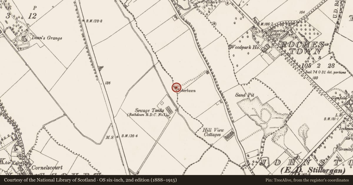 Ordnance Survey six-inch map, 2nd edition (1888–1915) covering the location of Ritual site - holy well, Kill of The Grange, County Dublin, with a pin at the register's coordinates