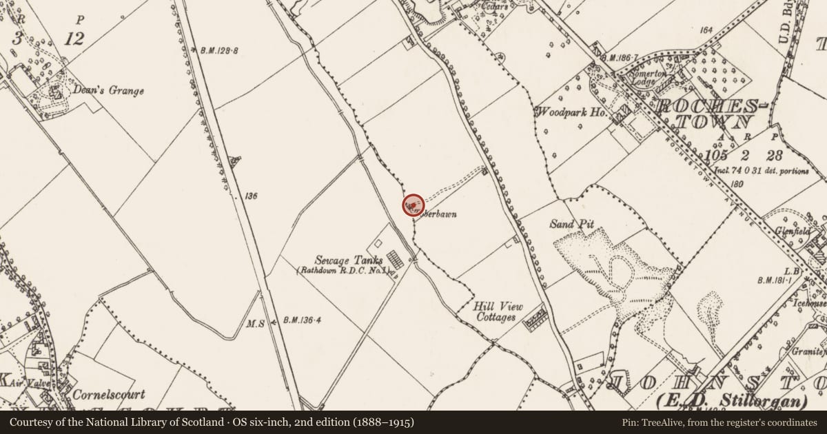 Ordnance Survey six-inch map, 2nd edition (1888–1915) covering the location of Ritual site - holy tree/bush, Kill of The Grange, County Dublin, with a pin at the register's coordinates