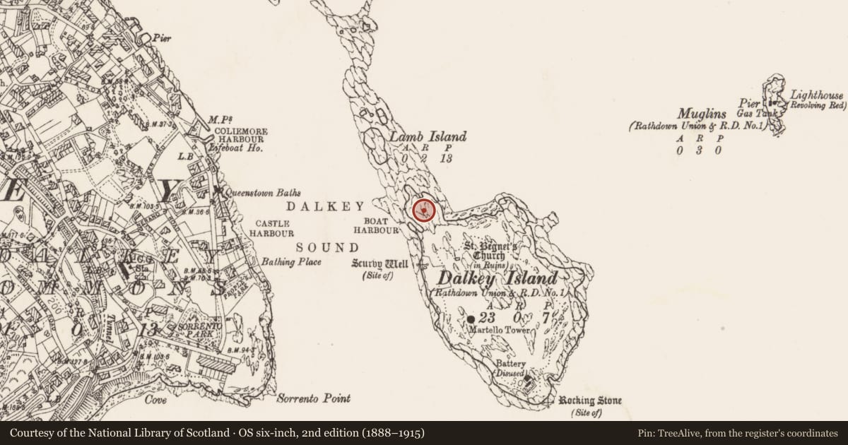 Ordnance Survey six-inch map, 2nd edition (1888–1915) covering the location of Midden, Dalkey Island, County Dublin, with a pin at the register's coordinates