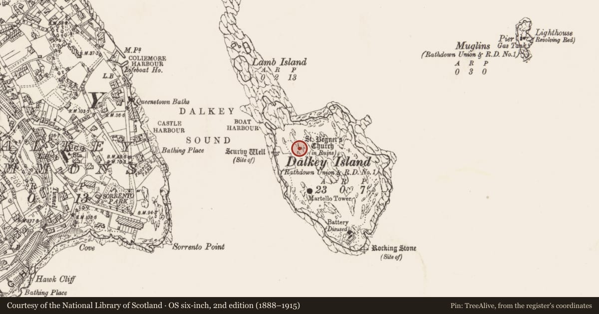 Ordnance Survey six-inch map, 2nd edition (1888–1915) covering the location of Church, Dalkey Island, County Dublin, with a pin at the register's coordinates