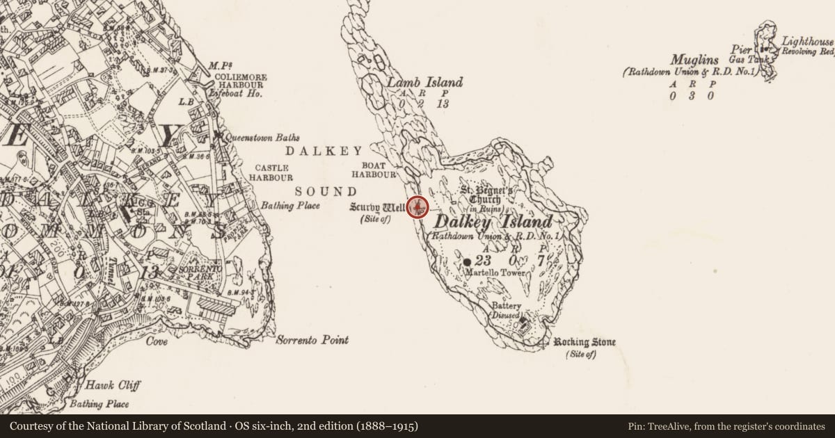 Ordnance Survey six-inch map, 2nd edition (1888–1915) covering the location of Ritual site - holy well, Dalkey Island, County Dublin, with a pin at the register's coordinates