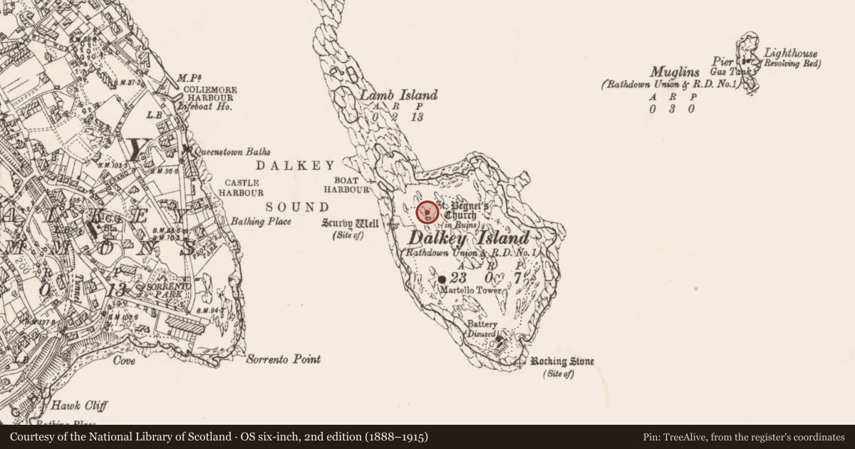 Ordnance Survey six-inch map, 2nd edition (1888–1915) covering the location of Burial ground, Dalkey Island, County Dublin, with a pin at the register's coordinates