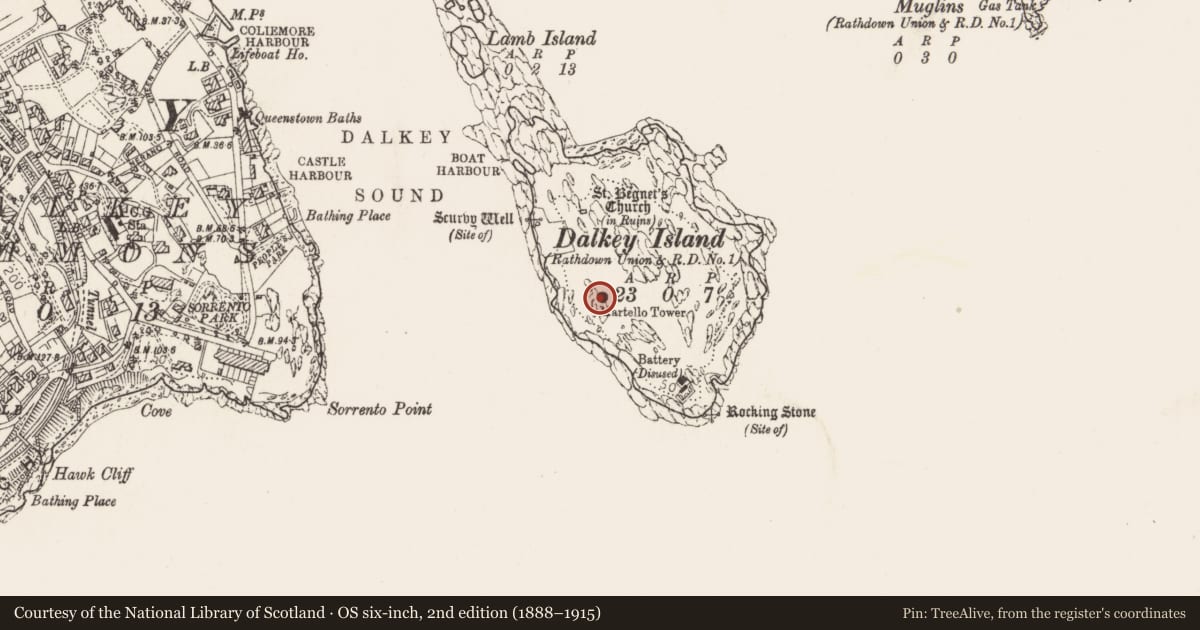 Ordnance Survey six-inch map, 2nd edition (1888–1915) covering the location of Martello tower, Dalkey Island, County Dublin, with a pin at the register's coordinates