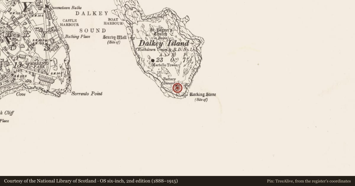 Ordnance Survey six-inch map, 2nd edition (1888–1915) covering the location of Battery, Dalkey Island, County Dublin, with a pin at the register's coordinates