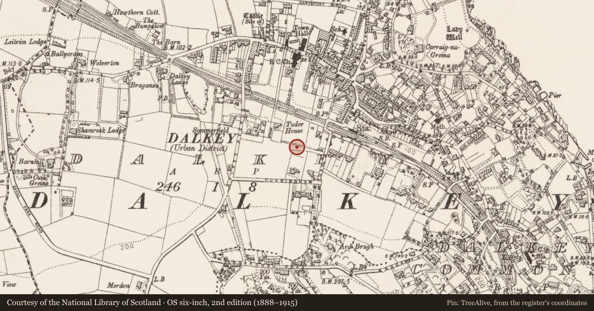 Ordnance Survey six-inch map, 2nd edition (1888–1915) covering the location of Linear earthwork, Dalkey, County Dublin, with a pin at the register's coordinates