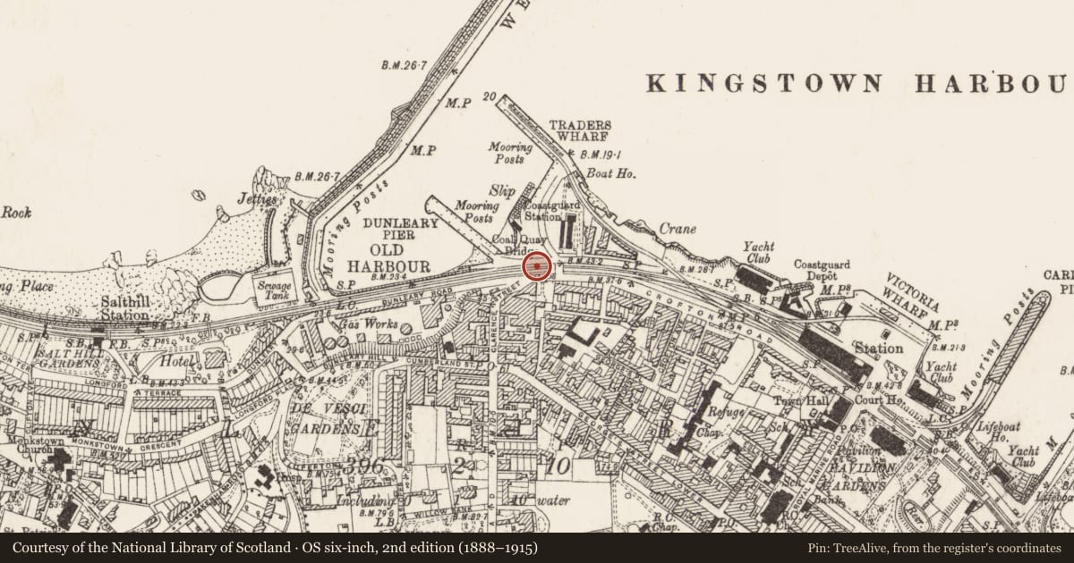 Ordnance Survey six-inch map, 2nd edition (1888–1915) covering the location of Martello tower, Dunleary, County Dublin, with a pin at the register's coordinates