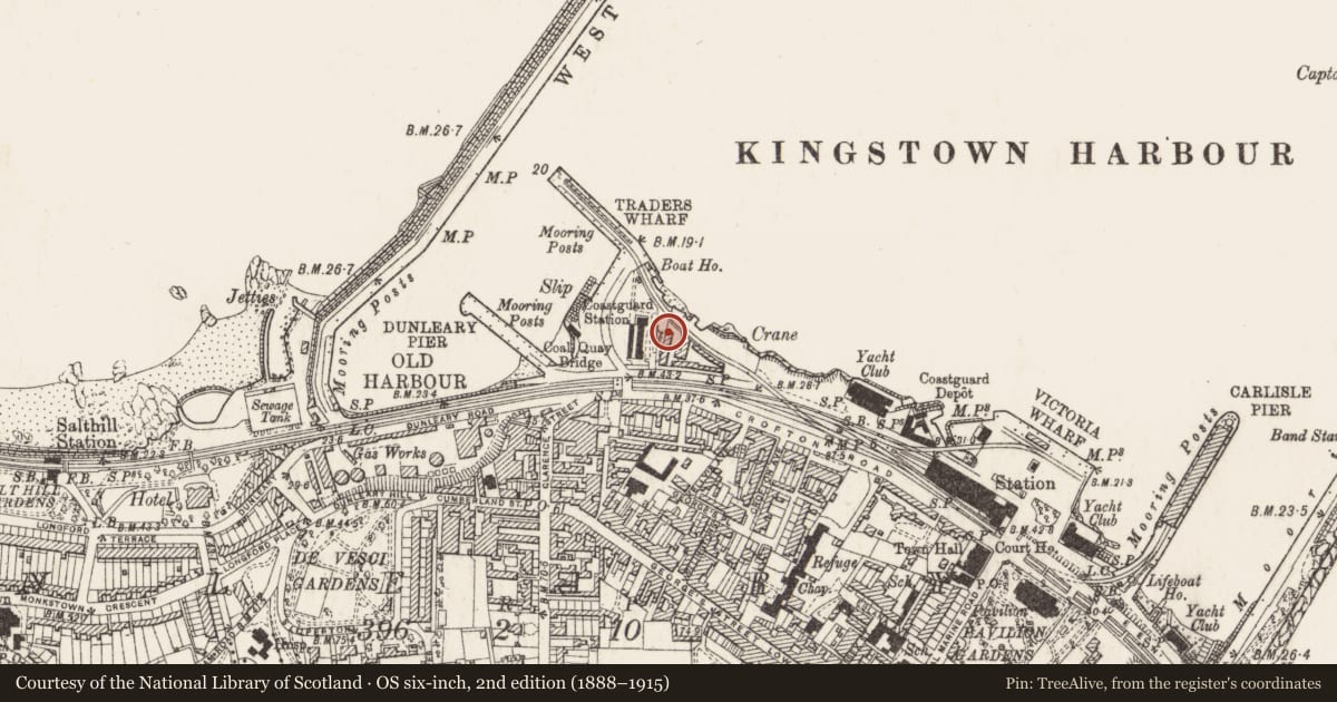 Ordnance Survey six-inch map, 2nd edition (1888–1915) covering the location of Battery, Dunleary, County Dublin, with a pin at the register's coordinates