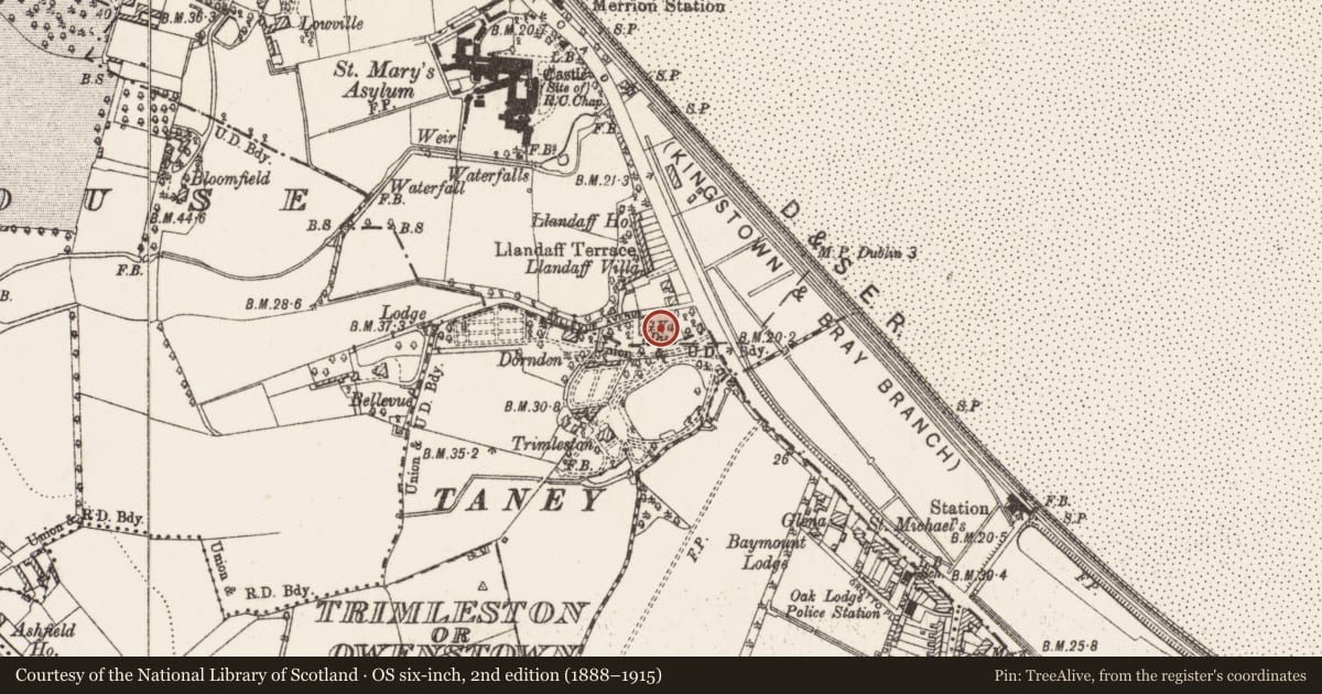 Ordnance Survey six-inch map, 2nd edition (1888–1915) covering the location of Church, County Dublin, with a pin at the register's coordinates