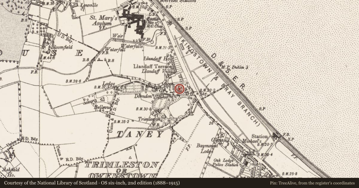 Ordnance Survey six-inch map, 2nd edition (1888–1915) covering the location of Graveyard, County Dublin, with a pin at the register's coordinates