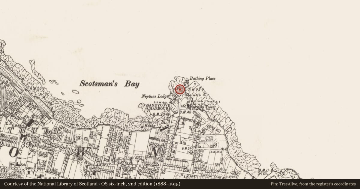Ordnance Survey six-inch map, 2nd edition (1888–1915) covering the location of Battery, Bullock, County Dublin, with a pin at the register's coordinates
