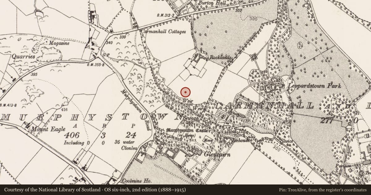 Ordnance Survey six-inch map, 2nd edition (1888–1915) covering the location of Flat cemetery, Carmanhall, County Dublin, with a pin at the register's coordinates