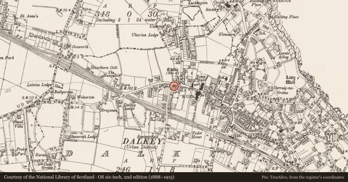 Ordnance Survey six-inch map, 2nd edition (1888–1915) covering the location of Habitation site, Dalkey, County Dublin, with a pin at the register's coordinates