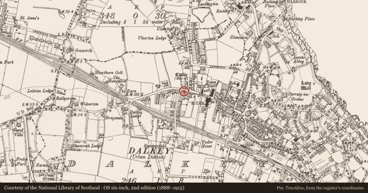 Ordnance Survey six-inch map, 2nd edition (1888–1915) covering the location of Building, Dalkey, County Dublin, with a pin at the register's coordinates