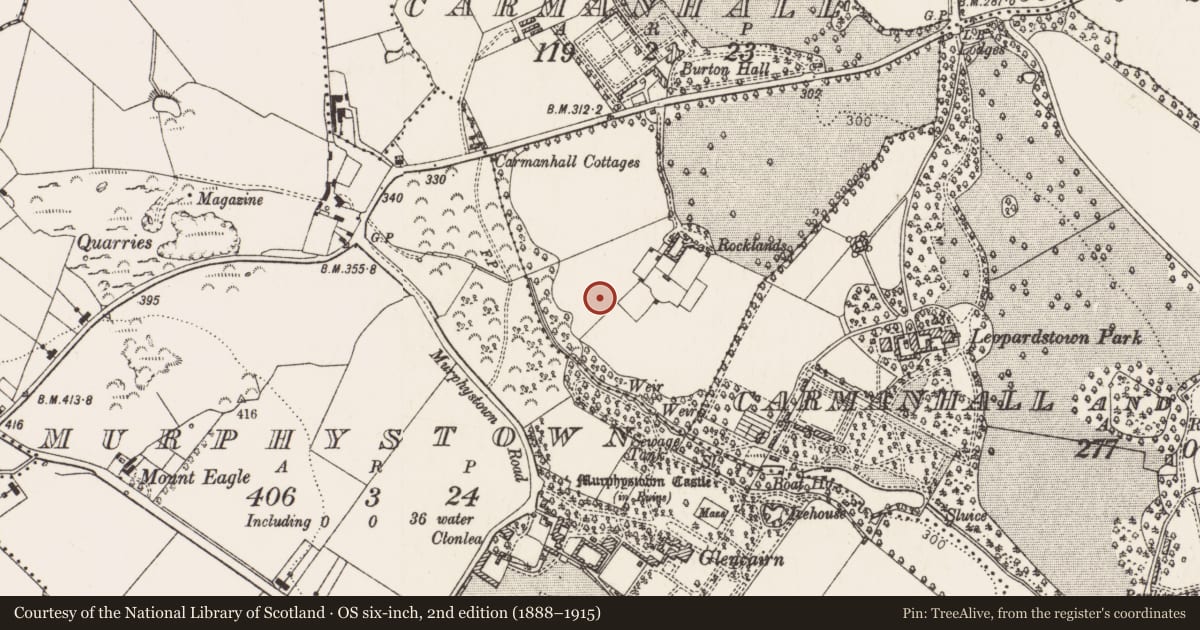 Ordnance Survey six-inch map, 2nd edition (1888–1915) covering the location of Field boundary, Carmanhall, County Dublin, with a pin at the register's coordinates