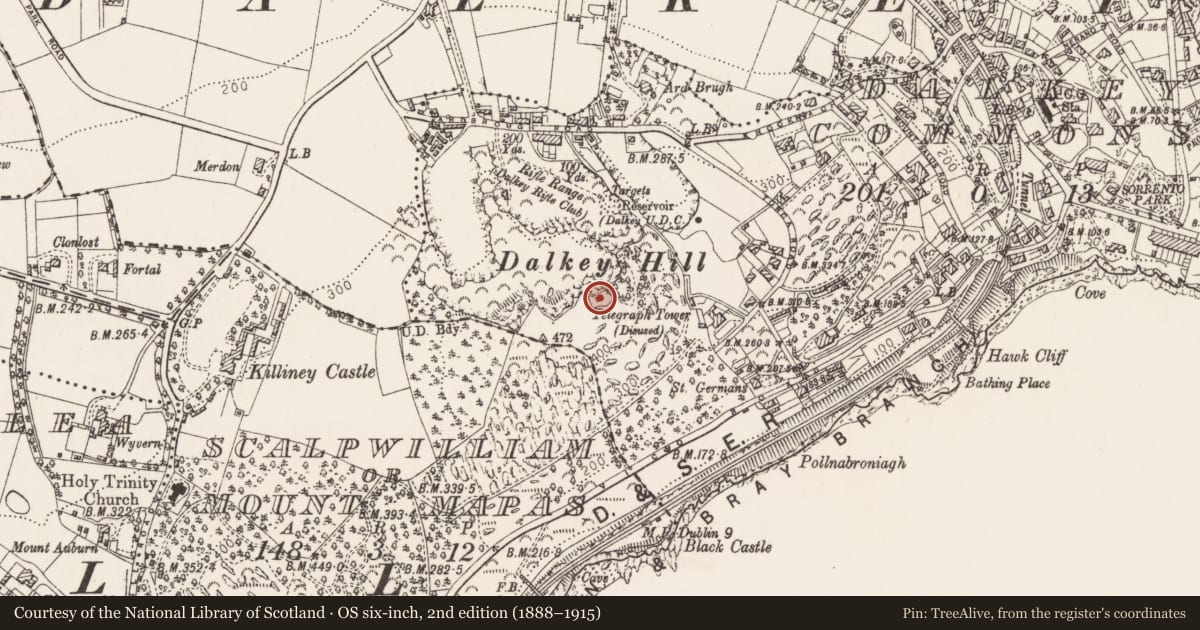 Ordnance Survey six-inch map, 2nd edition (1888–1915) covering the location of Signal tower, Dalkey Commons, County Dublin, with a pin at the register's coordinates