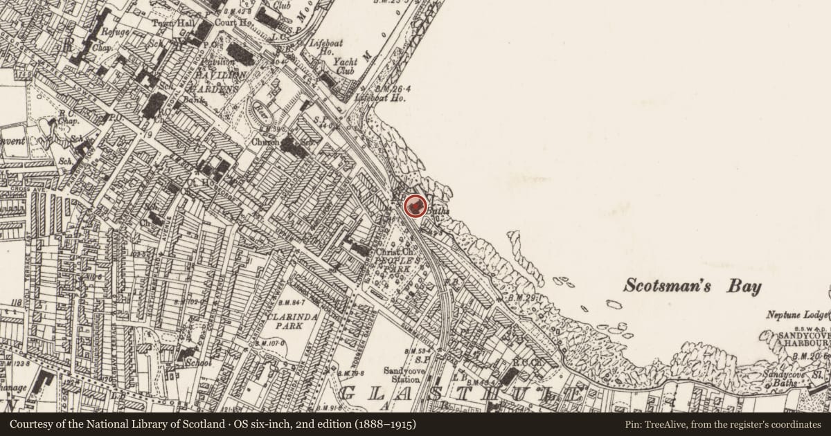 Ordnance Survey six-inch map, 2nd edition (1888–1915) covering the location of Battery, Glasthule, County Dublin, with a pin at the register's coordinates