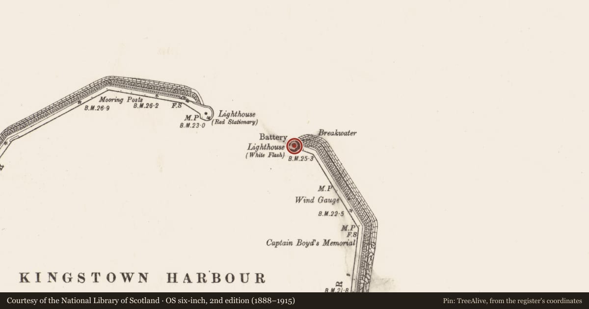 Ordnance Survey six-inch map, 2nd edition (1888–1915) covering the location of Battery, Dunleary, County Dublin, with a pin at the register's coordinates