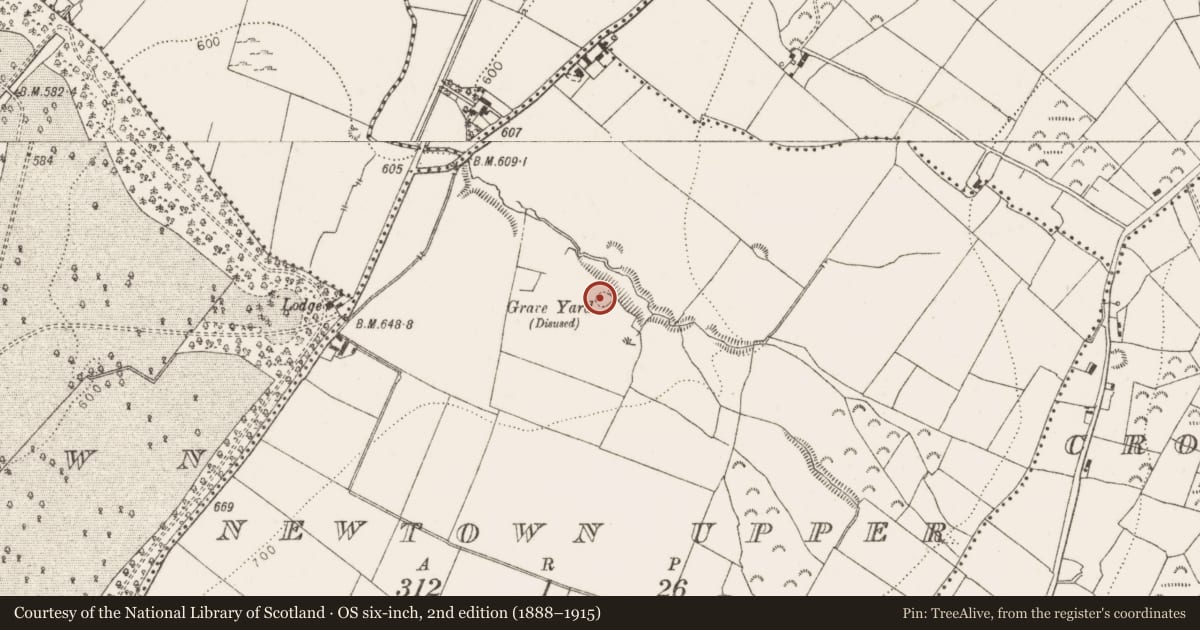 Ordnance Survey six-inch map, 2nd edition (1888–1915) covering the location of Children's burial ground, Newtown Upper, County Dublin, with a pin at the register's coordinates
