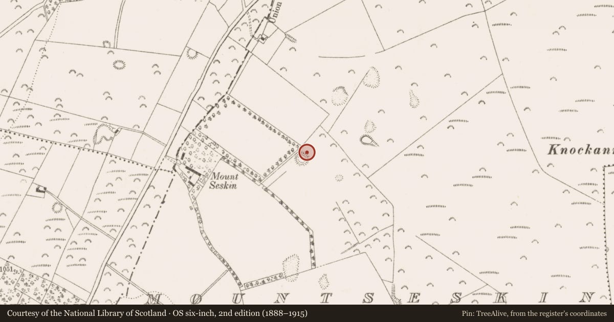 Ordnance Survey six-inch map, 2nd edition (1888–1915) covering the location of Barrow - ring-barrow, Mountseskin, County Dublin, with a pin at the register's coordinates
