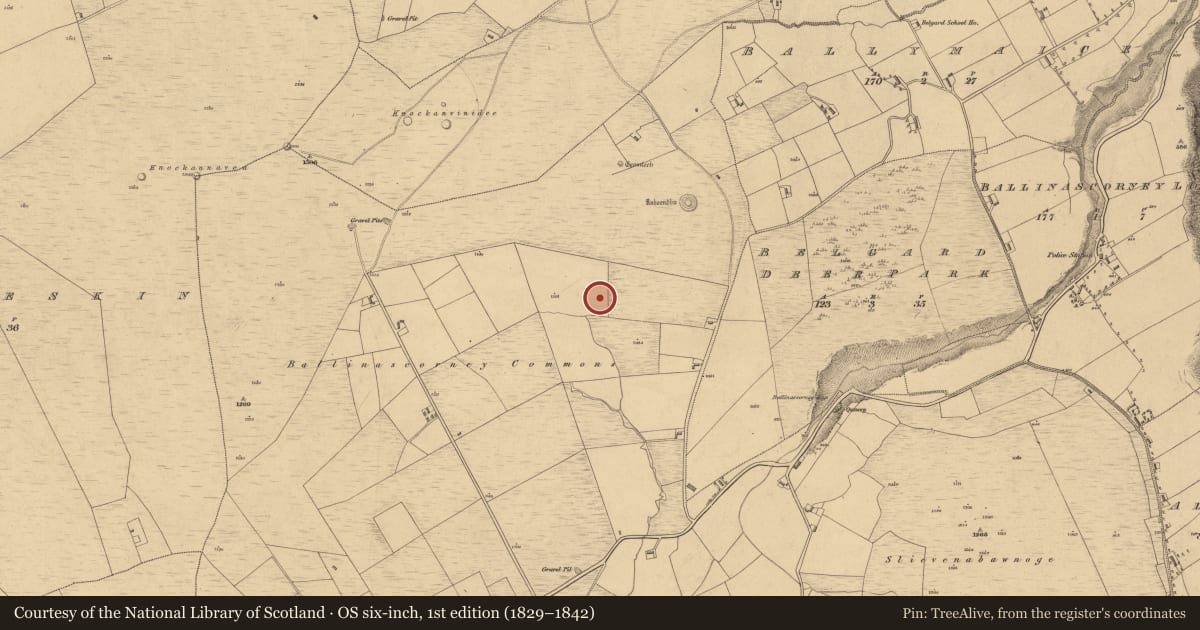 Ordnance Survey six-inch map, 1st edition (1829–1842) covering the location of Hut site, Ballinascorney Upper, County Dublin, with a pin at the register's coordinates