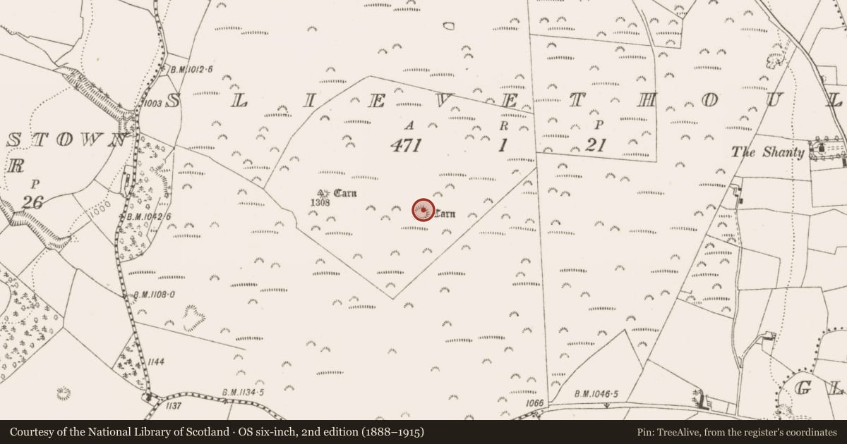 Ordnance Survey six-inch map, 2nd edition (1888–1915) covering the location of Megalithic tomb - passage tomb, Slievethoul, County Dublin, with a pin at the register's coordinates