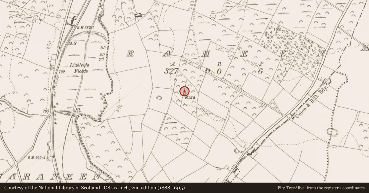 Ordnance Survey six-inch map, 2nd edition (1888–1915) covering the location of Cairn - unclassified, Raheen, County Dublin, with a pin at the register's coordinates