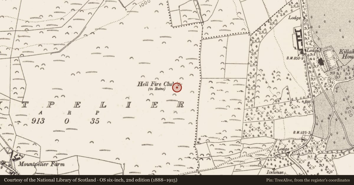 Ordnance Survey six-inch map, 2nd edition (1888–1915) covering the location of Megalithic tomb - passage tomb, Montpelier, County Dublin, with a pin at the register's coordinates