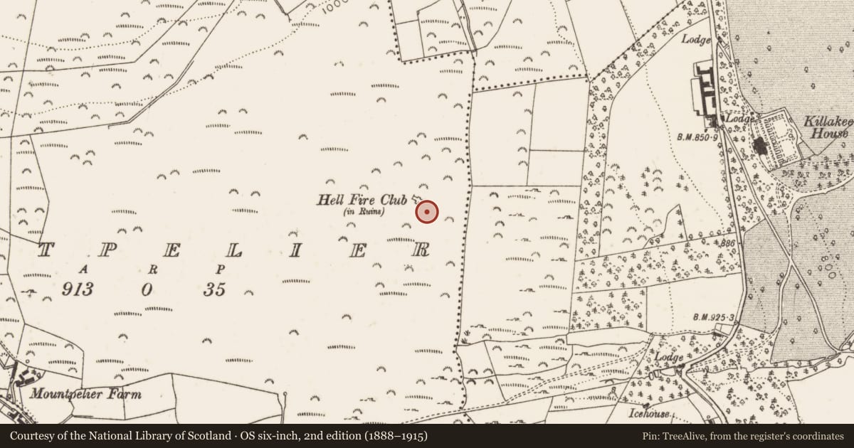 Ordnance Survey six-inch map, 2nd edition (1888–1915) covering the location of Megalithic tomb - passage tomb, Montpelier, County Dublin, with a pin at the register's coordinates