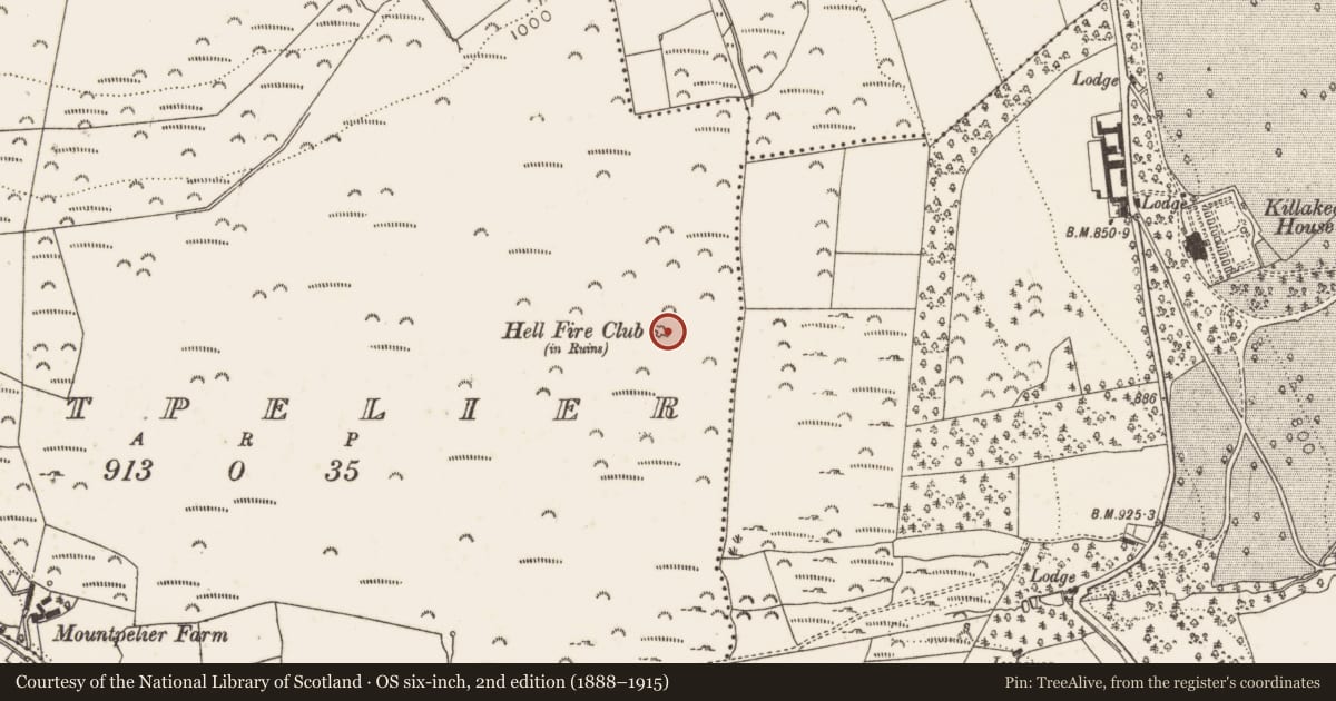 Ordnance Survey six-inch map, 2nd edition (1888–1915) covering the location of House - 18th/19th century, Mountpelier, County Dublin, with a pin at the register's coordinates
