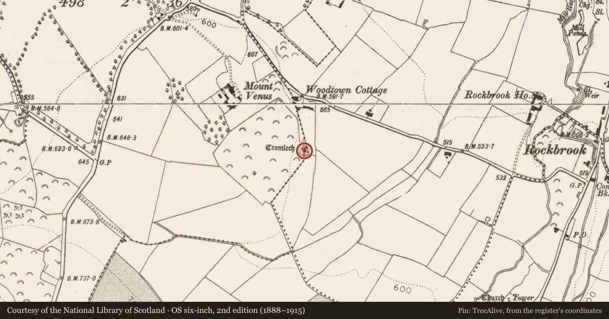 Ordnance Survey six-inch map, 2nd edition (1888–1915) covering the location of Megalithic tomb - portal tomb, Woodtown, County Dublin, with a pin at the register's coordinates