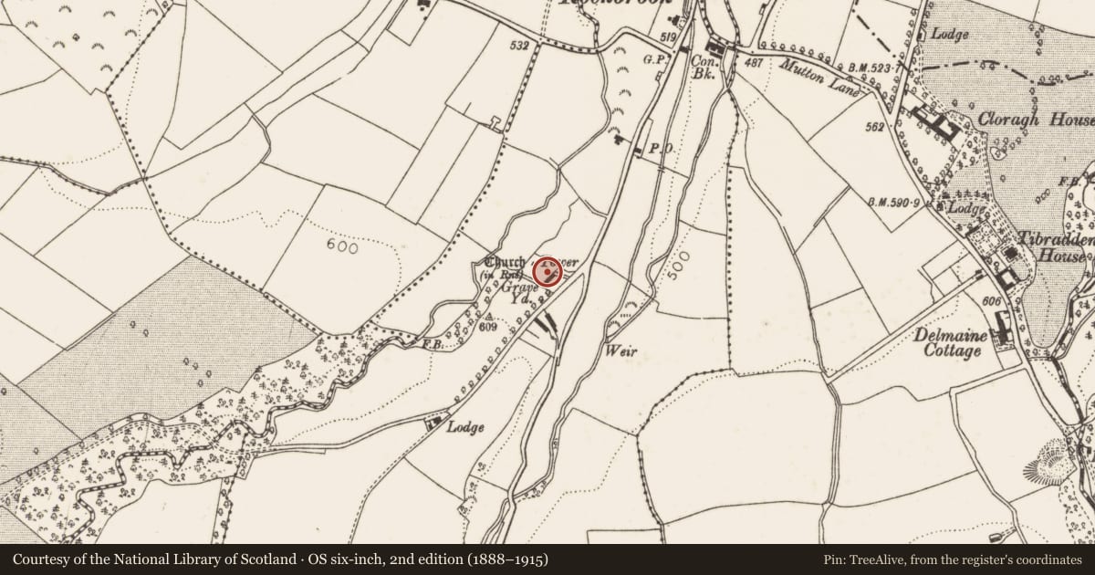 Ordnance Survey six-inch map, 2nd edition (1888–1915) covering the location of Church, Cruagh, County Dublin, with a pin at the register's coordinates
