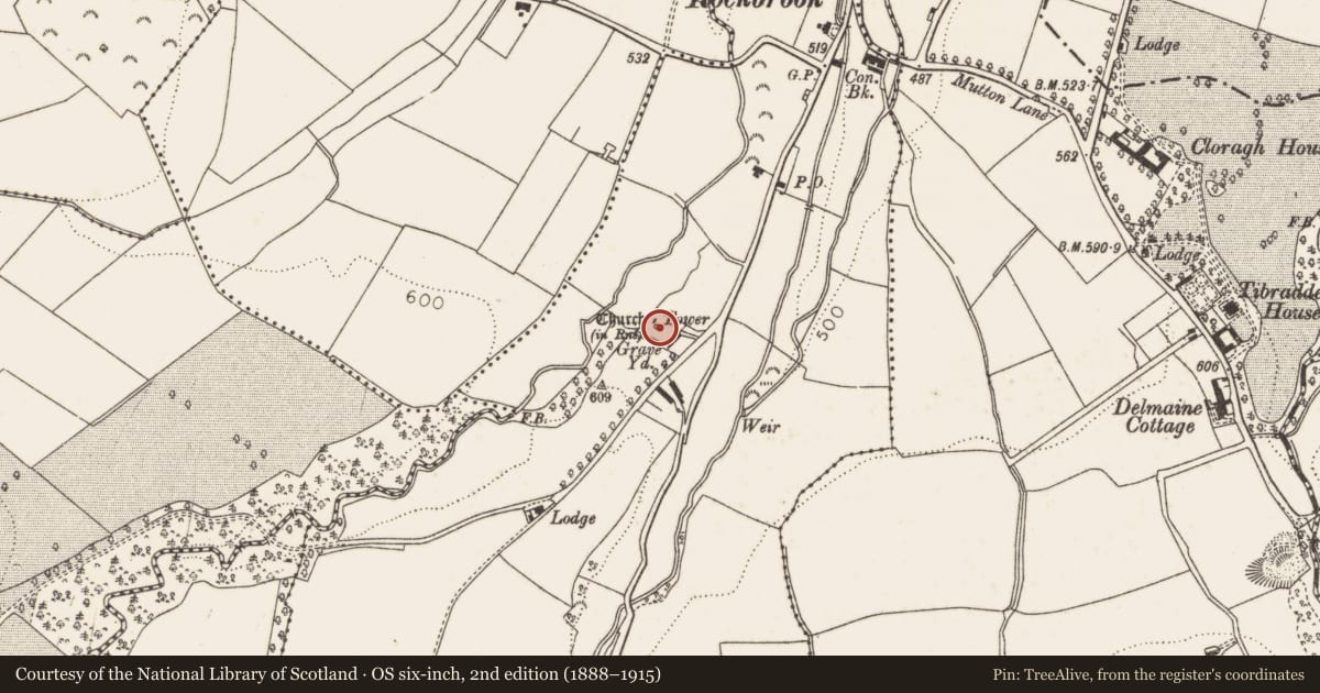 Ordnance Survey six-inch map, 2nd edition (1888–1915) covering the location of Watchtower, Cruagh, County Dublin, with a pin at the register's coordinates