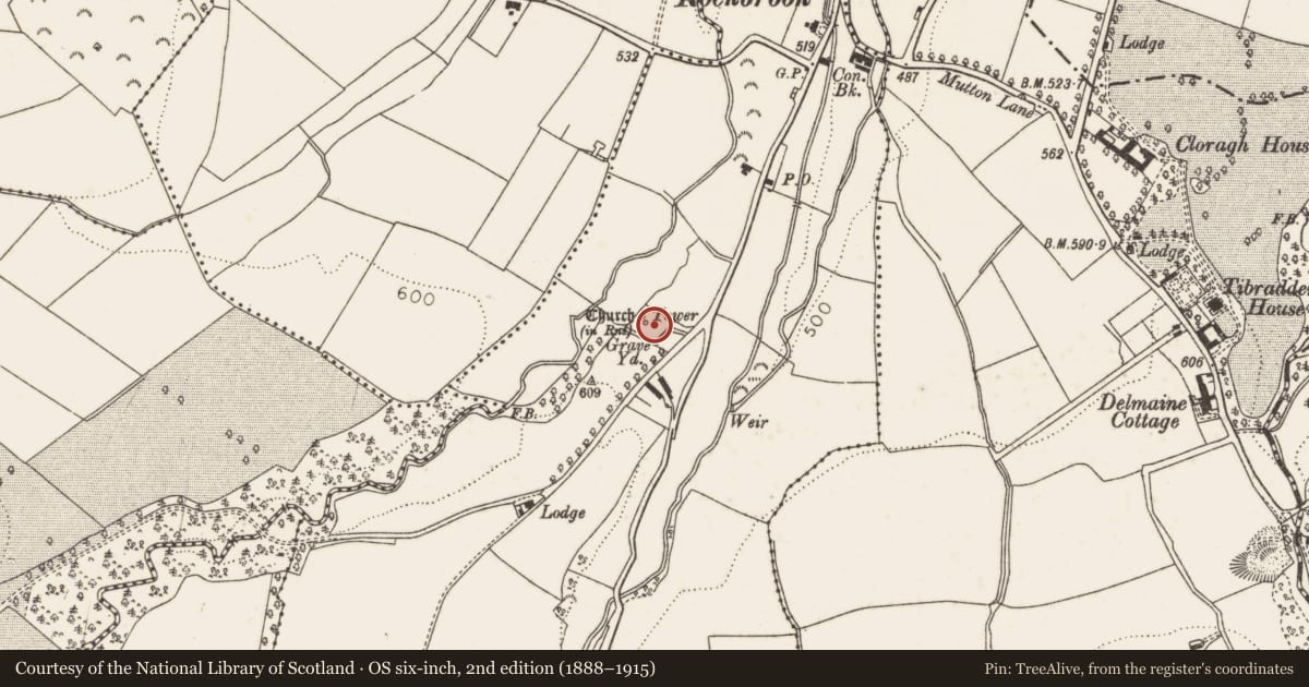 Ordnance Survey six-inch map, 2nd edition (1888–1915) covering the location of Inscribed stone, Cruagh, County Dublin, with a pin at the register's coordinates