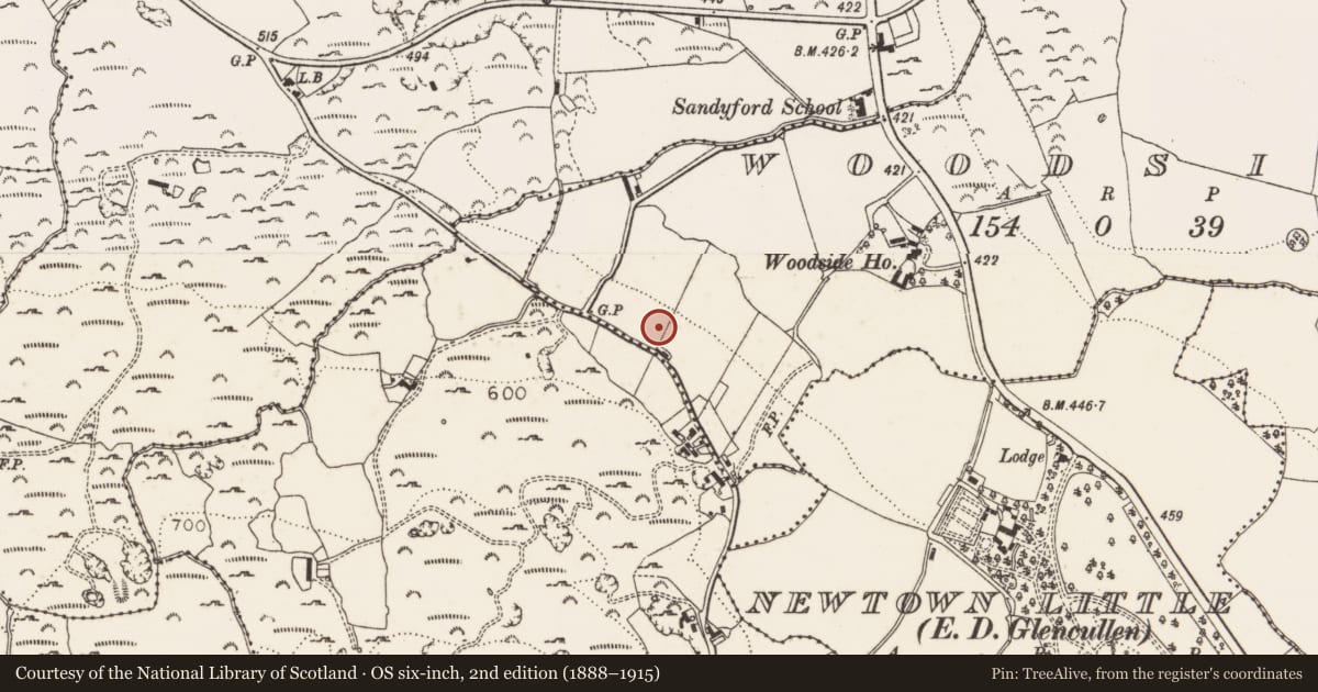 Ordnance Survey six-inch map, 2nd edition (1888–1915) covering the location of Enclosure, Woodside, County Dublin, with a pin at the register's coordinates