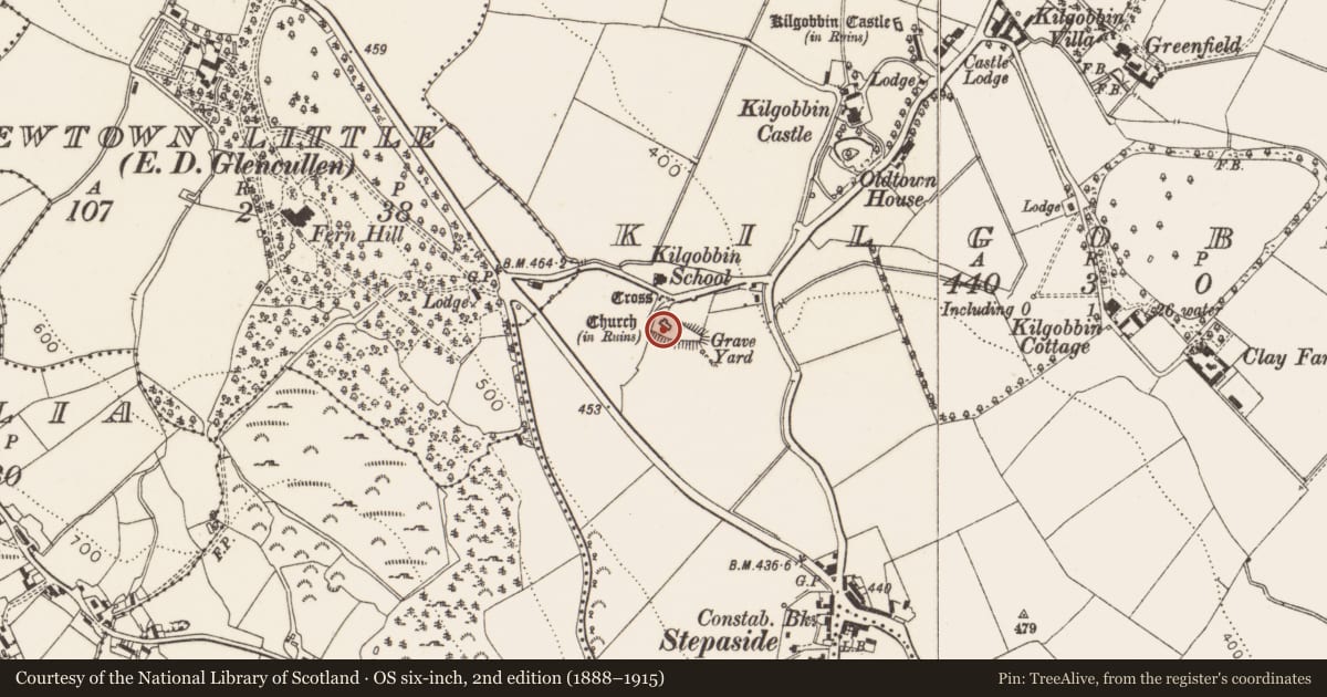 Ordnance Survey six-inch map, 2nd edition (1888–1915) covering the location of Church, Kilgobbin, County Dublin, with a pin at the register's coordinates