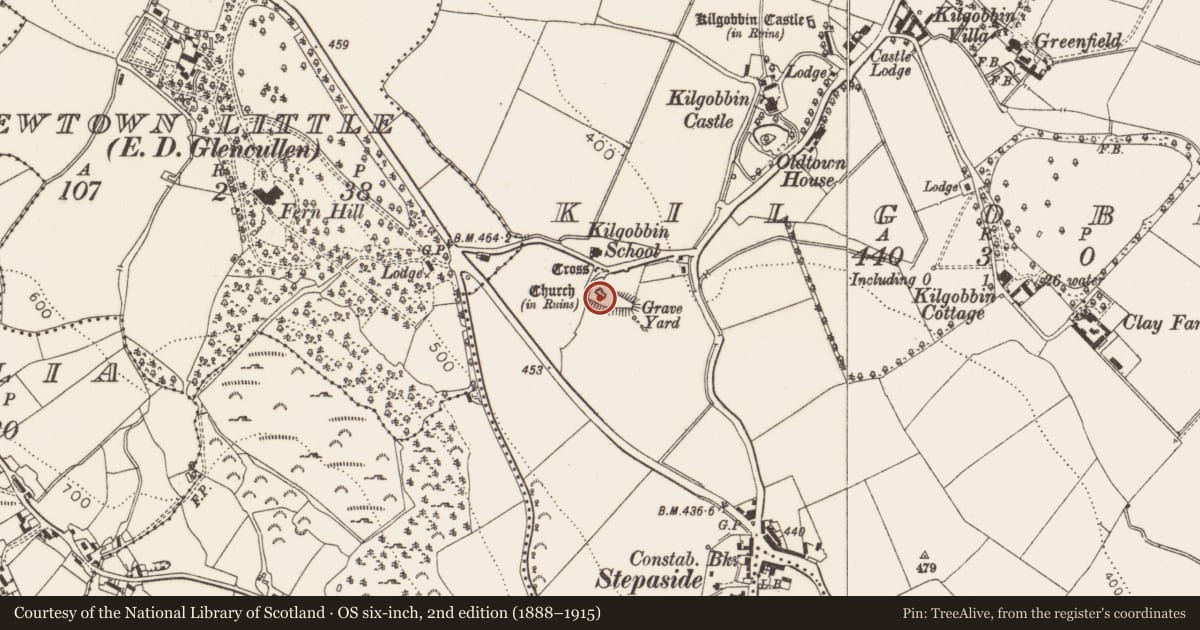 Ordnance Survey six-inch map, 2nd edition (1888–1915) covering the location of Graveslab, Kilgobbin, County Dublin, with a pin at the register's coordinates