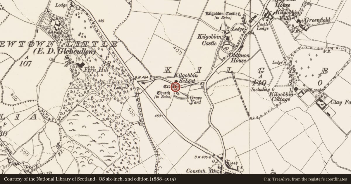 Ordnance Survey six-inch map, 2nd edition (1888–1915) covering the location of Bullaun stone, Kilgobbin, County Dublin, with a pin at the register's coordinates
