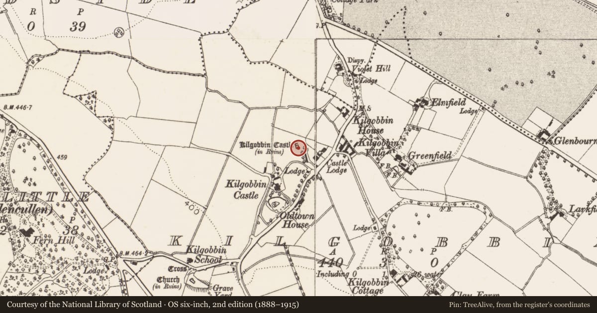 Ordnance Survey six-inch map, 2nd edition (1888–1915) covering the location of Castle - tower house, Kilgobbin, County Dublin, with a pin at the register's coordinates