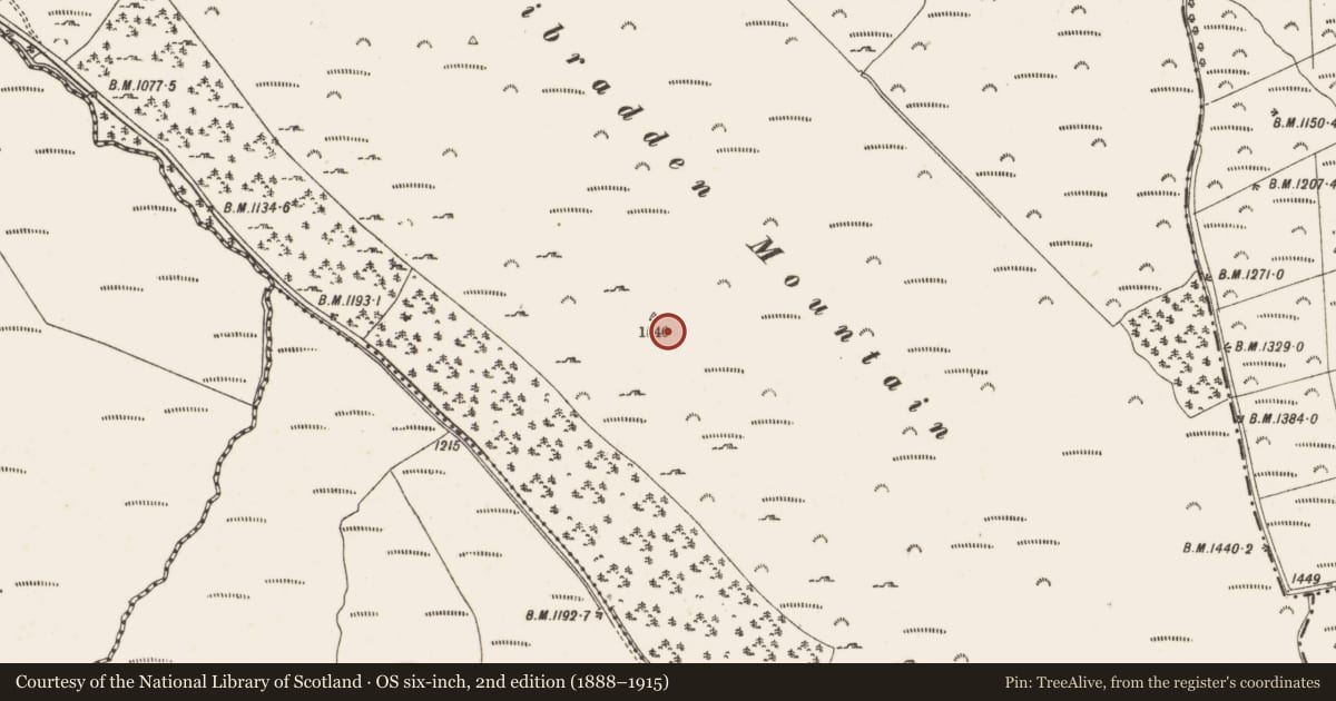 Ordnance Survey six-inch map, 2nd edition (1888–1915) covering the location of Inscribed stone, Tibradden, County Dublin, with a pin at the register's coordinates