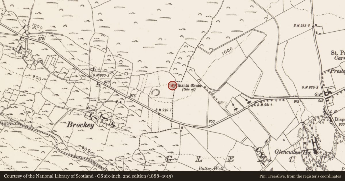 Ordnance Survey six-inch map, 2nd edition (1888–1915) covering the location of Megalithic structure, Ballybrack, County Dublin, with a pin at the register's coordinates