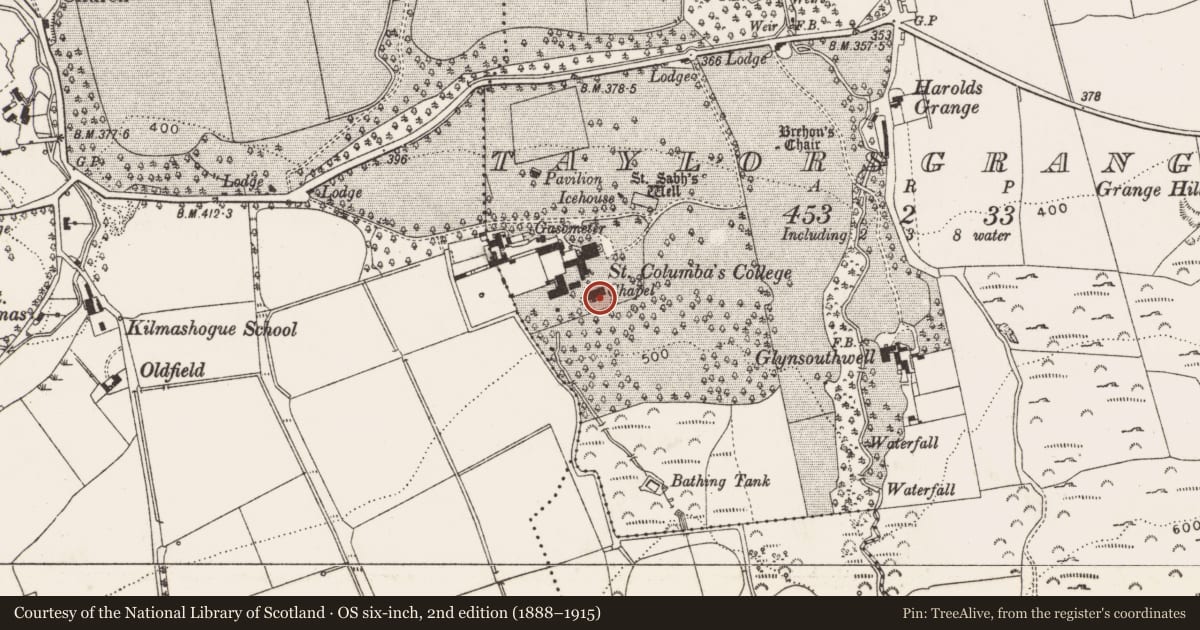 Ordnance Survey six-inch map, 2nd edition (1888–1915) covering the location of Graveslab, Kilmashogue, County Dublin, with a pin at the register's coordinates