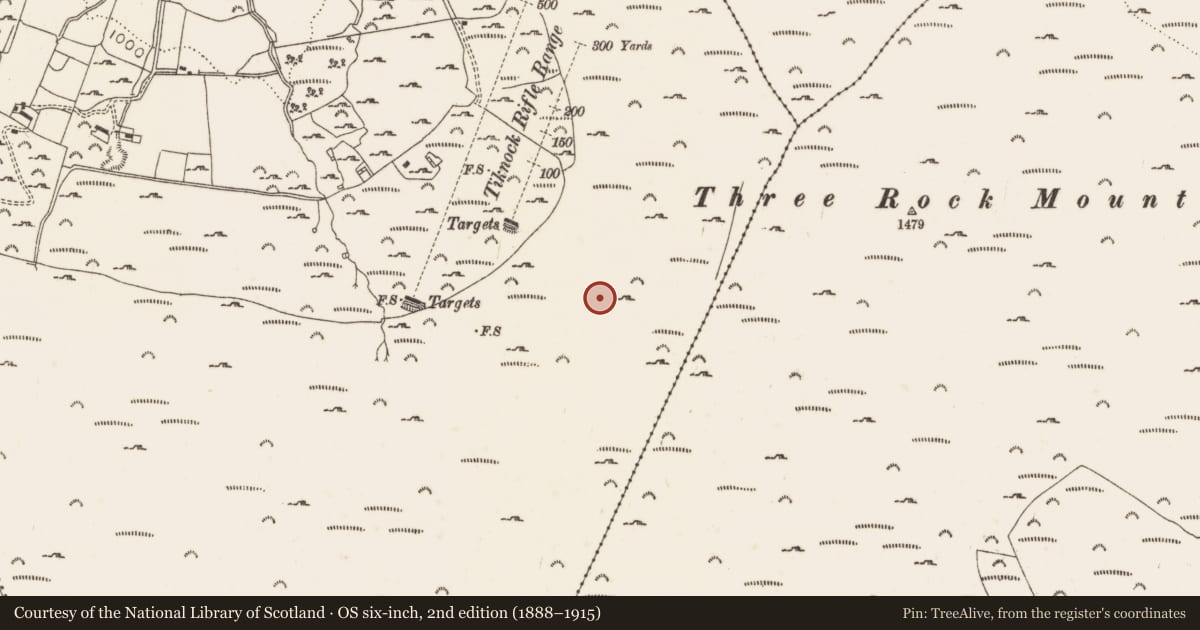 Ordnance Survey six-inch map, 2nd edition (1888–1915) covering the location of Booley hut, Tiknock, County Dublin, with a pin at the register's coordinates