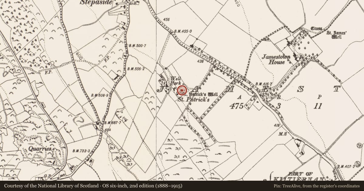 Ordnance Survey six-inch map, 2nd edition (1888–1915) covering the location of Ritual site - holy well, Jamestown, County Dublin, with a pin at the register's coordinates