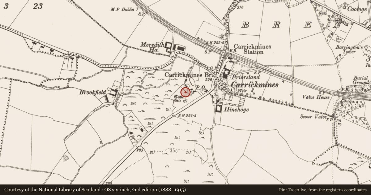 Ordnance Survey six-inch map, 2nd edition (1888–1915) covering the location of House - medieval, Carrickmines Great, County Dublin, with a pin at the register's coordinates
