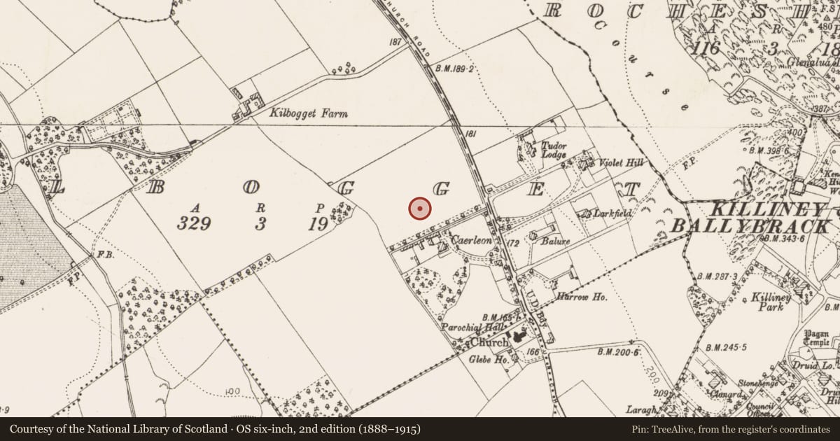 Ordnance Survey six-inch map, 2nd edition (1888–1915) covering the location of Earthwork, Kilbogget, County Dublin, with a pin at the register's coordinates