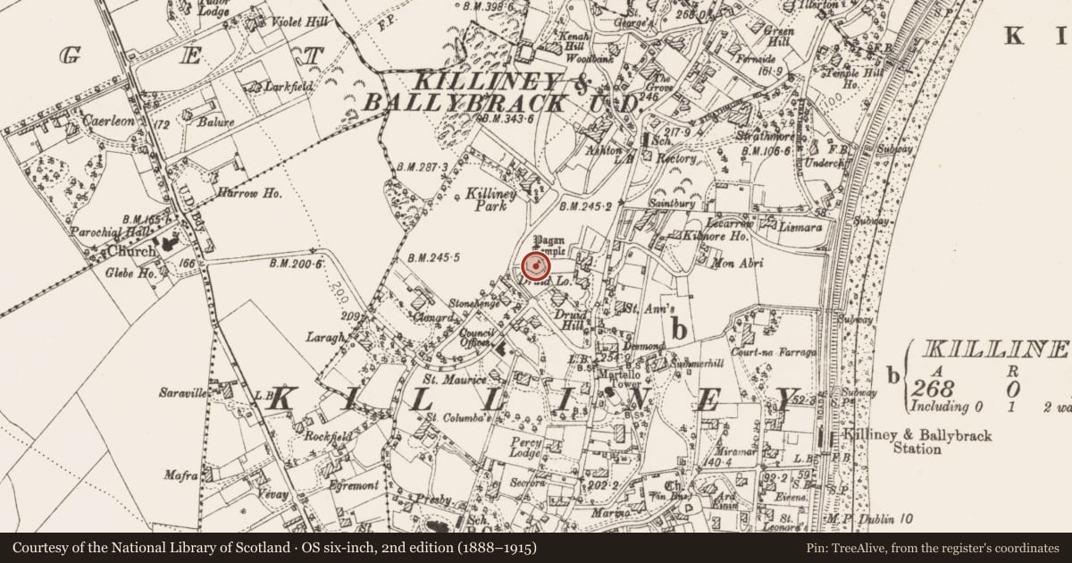Ordnance Survey six-inch map, 2nd edition (1888–1915) covering the location of Megalithic structure, Killiney, County Dublin, with a pin at the register's coordinates