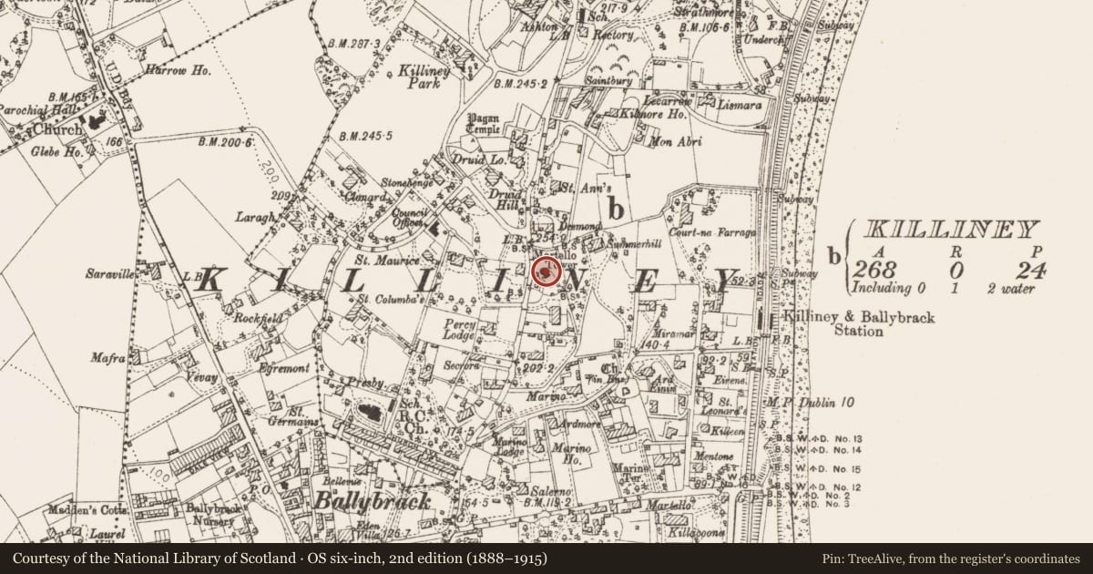 Ordnance Survey six-inch map, 2nd edition (1888–1915) covering the location of Martello tower, Killiney, County Dublin, with a pin at the register's coordinates