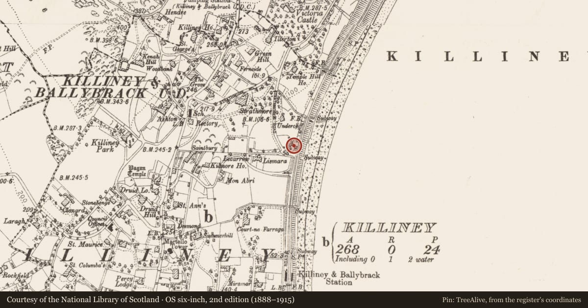 Ordnance Survey six-inch map, 2nd edition (1888–1915) covering the location of Battery, Killiney, County Dublin, with a pin at the register's coordinates
