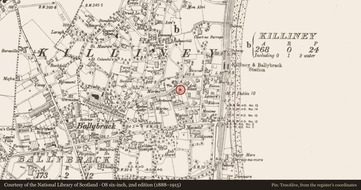 Ordnance Survey six-inch map, 2nd edition (1888–1915) covering the location of Ecclesiastical site, Killiney, County Dublin, with a pin at the register's coordinates