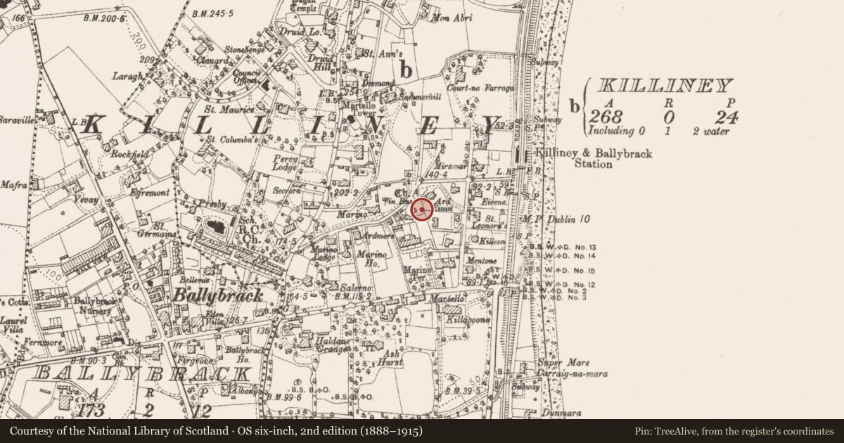 Ordnance Survey six-inch map, 2nd edition (1888–1915) covering the location of Inscribed stone, Killiney, County Dublin, with a pin at the register's coordinates